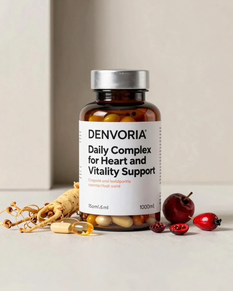 Denvoria supplement bottle with daily complex for heart and vitality support